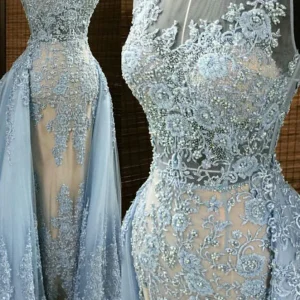 Elegant Blue Lace Appliques Prom Dress with Detachable Train, Sleeveless A-Line Gown