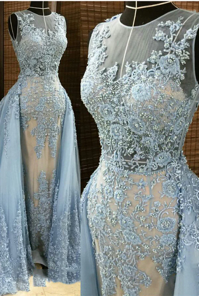 Elegant Blue Lace Appliques Prom Dress with Detachable Train, Sleeveless A-Line Gown - Afbeelding 2