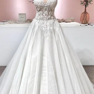 Vintage A-Line Deep V-Neck Backless Ruffle Wedding Dress with Lace