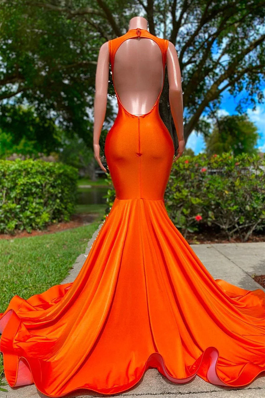 Bright Orange V-Neck Sleeveless Mermaid Prom Dress with Elegant Appliques and Train - Afbeelding 3