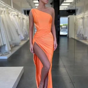Vintage Orange One-Shoulder Mermaid Prom Dress with Slit & Pleats