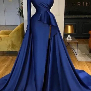 Dark Blue Long Sleeve Mermaid Prom Dress with Thigh Slit