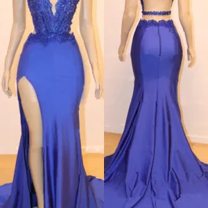 Elegant Blue Halter Mermaid Prom Dress with Split, Exquisite Lace Appliques