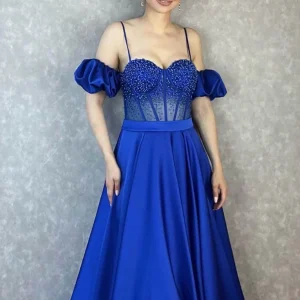 Off the Shoulder Spaghetti Strap Evening Dress with Beautiful Beadings and Details