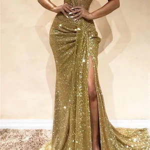 Elegant One-Shoulder Golden Sequin Prom Dress with Side Slit for Formal Events