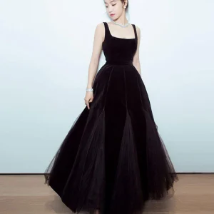 Black Velvet Tea Length Prom Dress Evening Gown