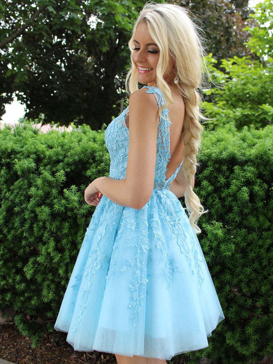 Blue V-Neck Lace Appliques Short Homecoming Prom Dress, Graduation, Formal, Evening - Afbeelding 3