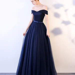 Dark Blue Tulle Long Evening Prom Dress for Women Beautifully Designed