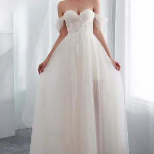 Romantische off-shoulder tule A-lijn bruidsjurk met applicaties