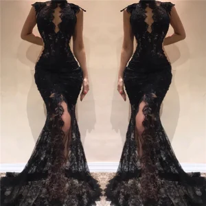 Elegant Black Mermaid Prom Dress: Long Sleeve, Backless, Lace Appliques, Floor-Length Gown