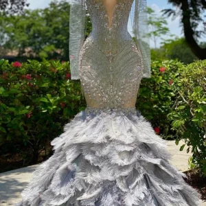 Elegant Silver Slim Prom Dress with Sleeves, V-Neck Mermaid Party Gown Long