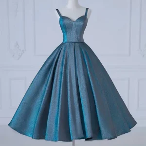 Elegant A-Line Sweetheart Satin Tea-Length Blue Prom Dress for Formal Occasions