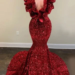 Shiny Sequins Burgundy Mermaid Prom Dress: Elegant V-Neck Sleeveless Floor-Length Gown