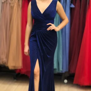 Vintage Blue V-Neck Long Mermaid Prom Dress with Thigh High Split