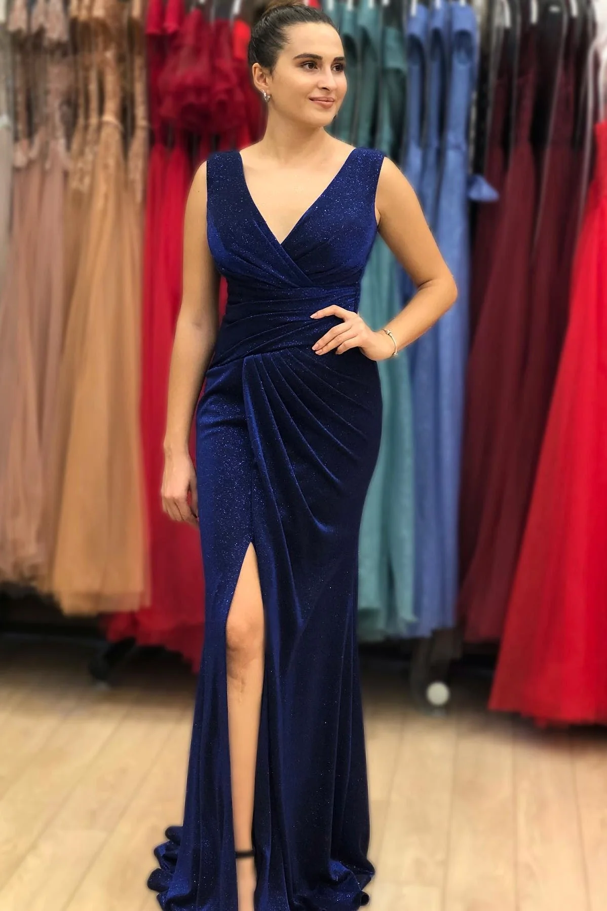 Vintage Blue V-Neck Long Mermaid Prom Dress with Thigh High Split - Afbeelding 2