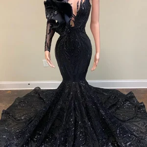 Zwarte asymmetrische lange formele galajurk met pailletten en één schouder