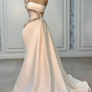 Chic Strapless Sleeveless Waist Hollow Beaded Empire Ruched Satin Prom Dress
