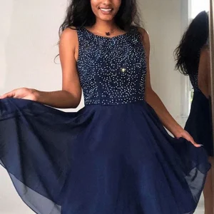 Cute A-Line Beaded Navy Blue Short Prom Homecoming Graduation Dress