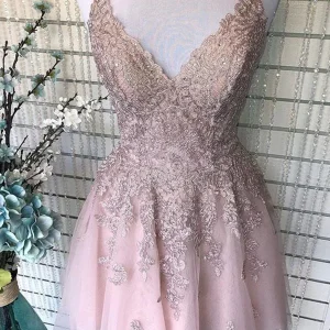 Elegant A-Line V-Neck Pink Lace Prom Dress: Backless, Formal, Graduation, Homecoming