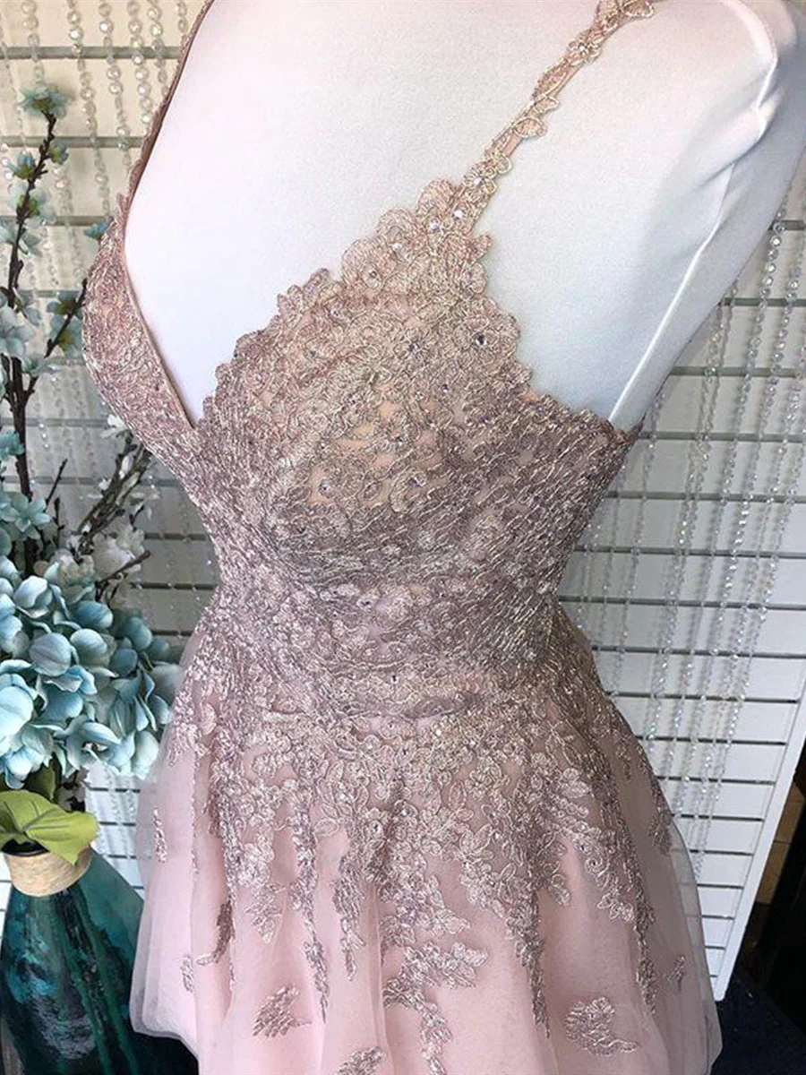 Elegant A-Line V-Neck Pink Lace Prom Dress: Backless, Formal, Graduation, Homecoming - Afbeelding 4