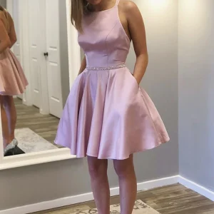 Chic Backless Pink Satin Short Prom Dress with Pockets for Graduation Homecoming