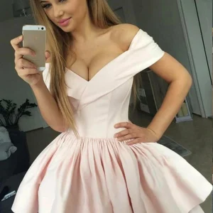 Cute Off Shoulder Layered Pink Homecoming Short Prom Evening Dress