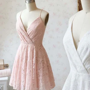Charming Pink & White Lace Short Prom Dress with V-Neck and A-Line Skirt