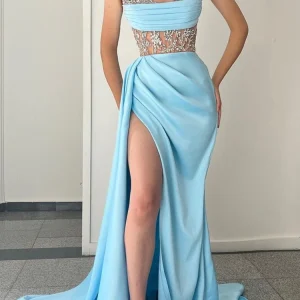 Gorgeous Sky Blue Strapless Mermaid Prom Dress with Beading Split