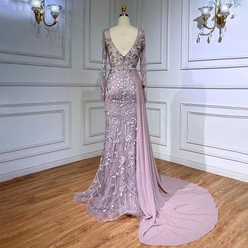 Pink Long Sleeve Chiffon Train Beaded Lace Evening Gown Dress - Afbeelding 4
