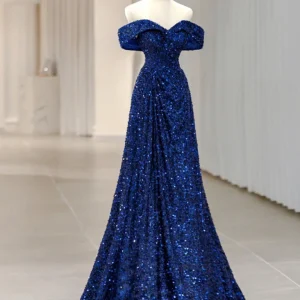 Classic A-line Off the Shoulder Blue Sequins Prom Dress