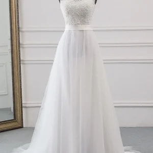 A-Line Jewel Neck Tulle Long Wedding Dress with Lace Appliques
