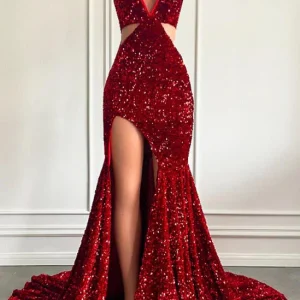 Stunning Wine Red Halter Sequin Mermaid Prom Dress with Slit for Special Occasions