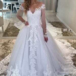 Vintage A-Line Sweetheart Off-Shoulder Long Sleeve Wedding Dress with Lace & Sequins