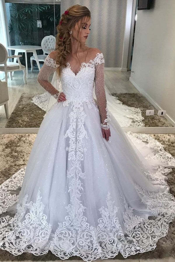 Vintage A-Line Sweetheart Off-Shoulder Long Sleeve Wedding Dress with Lace & Sequins