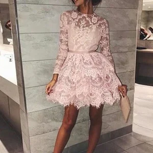 Chic Long Sleeve Scoop Pink A-Line Homecoming Dress with Elegant Lace Appliques