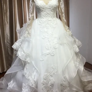 A-Line V-Neck Hi-Lo Wedding Dress with Ruffles, Tulle and Appliques