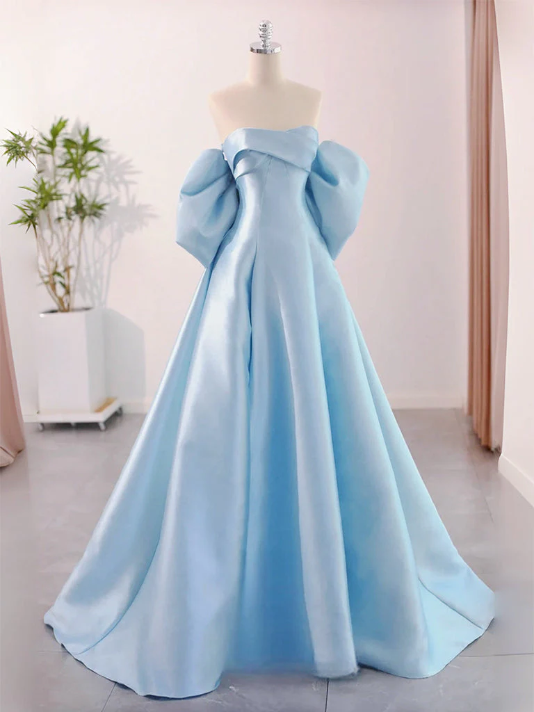 A-Line Sweetheart Neck Satin Blue Long Prom Formal Evening Gown Dress - Afbeelding 2
