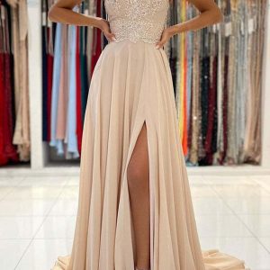 Elegant One-Shoulder Lace Applique Prom Dress: A-Line, High Slit, Floor-Length
