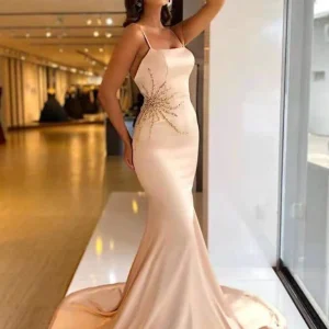 Elegant Beaded Mermaid Prom Dress with Spaghetti Straps, Long Formal Gown