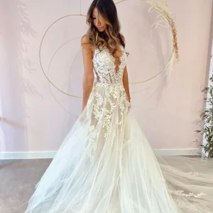 Elegant A-Line Deep V-Neck Backless Wedding Dress with Lace Appliques