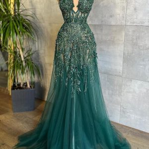 Charming Dark Green Tulle Long Evening Dress Sweetheart Sleeveless Formal Prom Dress