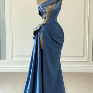Elegant Blue One Shoulder Mermaid Prom Dress with Beading for Special Occasions