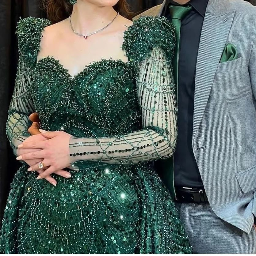 Elegant Glitter Green Mermaid Long Sleeve Prom Dress - Afbeelding 3