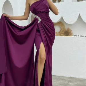 Dark Purple Sequin One Shoulder Mermaid Evening Dress with Split Ruffles