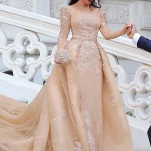 Elegant Long Sleeve Bateau Detachable Tulle Wedding Dress with Cathedral Train