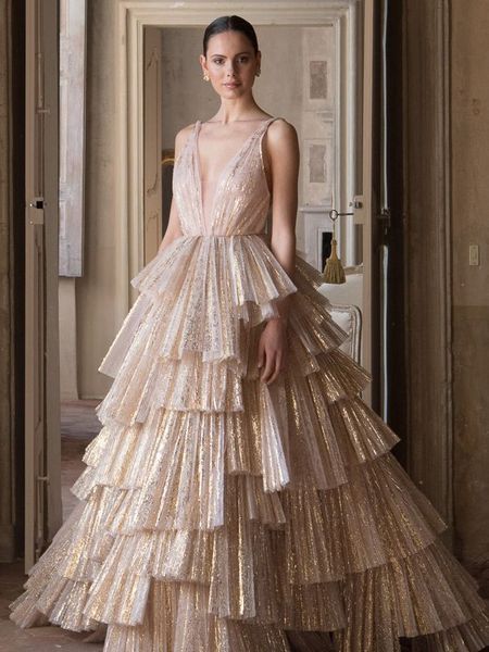 Ball Gown Unique Prom Dress Tiered Skirt Formal Evening Wear - Afbeelding 2