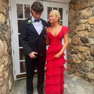 Beautiful Tiered Lace Red Long Prom Dresses with Slit