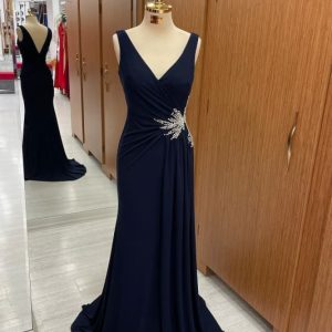 Elegant Dark Navy V-Neck Pleated Prom Dress with Rhinestone Straps