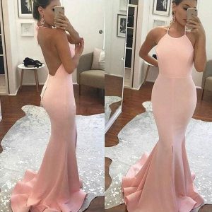 Elegant Mermaid Satin Halter Sleeveless Prom Dress with Ruffles - Sweep Train