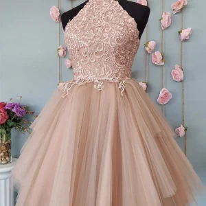 Elegant Halter Neck Champagne Lace Short Prom Dress with Open Back Design